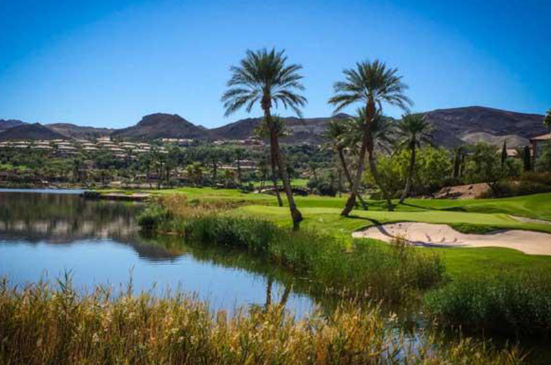 golf course with sand traps and trees